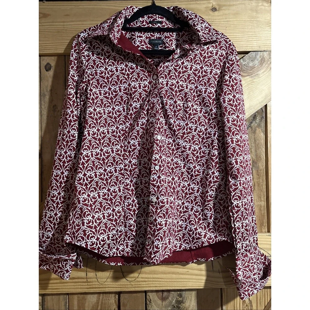 Talbots Petites Red Geometric Long Sleeve rolled cuff button Down Blouse Size 4